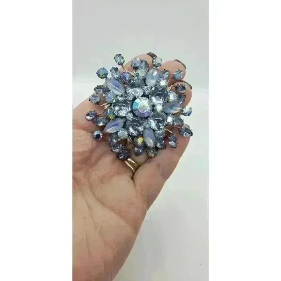 Vintage Blue Brooch Rhinestone & Moonstone Beau Judy Lee Spray Large Statement - Picture 8 of 8